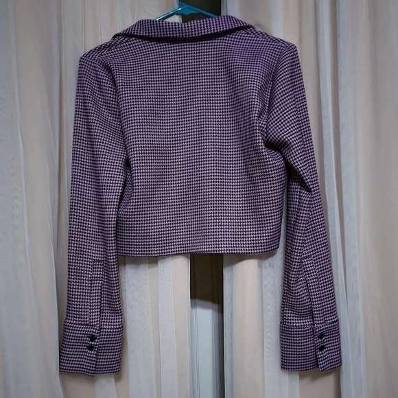 Zara Cropped V-Neck Collared Herringbone Print Top, Black & Pinkish Purple, EUC! - Picture 2 of 7